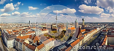 Imaginary center of Eastern Berlin, panoramic AI generative bird view Stock Photo