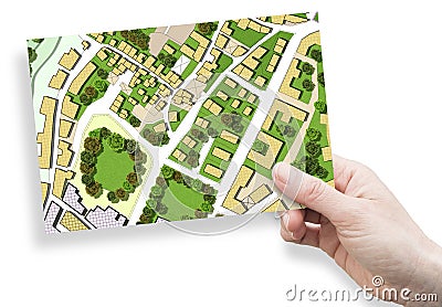 Imaginary city map with residential buildings, roads, gardens green areas and trees - green city concept Stock Photo