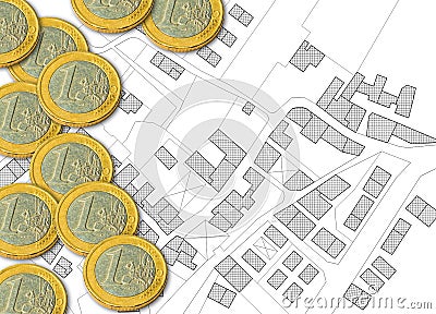 Imaginary city map of territory with euro coins - Tax and business concept image Stock Photo