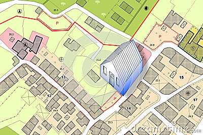 Imaginary General Urban Plan of territory with buildings, roads and land parcel - concept with a small house - note: the map is Stock Photo