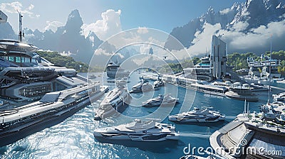 Imaginary illustration of a harbor full of futuristic ships, turquoise waters. In the background there were mountains and green Cartoon Illustration