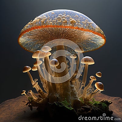 Imaginary magic mushrooms in enchanted forest, close-up, macro illustration. AI generative, dark background Cartoon Illustration