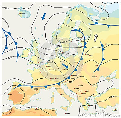 Imaginary meteorological vector weather map of europe with capital cities Vector Illustration