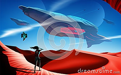 Spaceship Fleet Flying Over Desert Cartoon Illustration