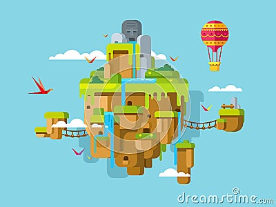 Imaginary Soaring Island on a Blue Sky Background Vector Illustration