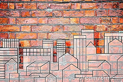 Imaginary urban skyline of a modern hypothetical city on a brick wall - concept image with copy space Stock Photo