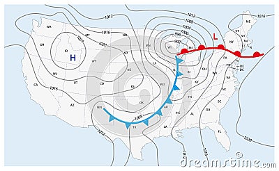 Imaginary weather map of the United States of America Vector Illustration