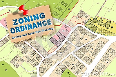 Imaginary Zoning Ordinance, General Urban Plan with indications of urban destinations with buildings, buildable areas, land plot Stock Photo