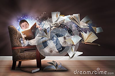 Imagination Boy Reading Books In Chair Royalty Free Stock Image Image 37025166
