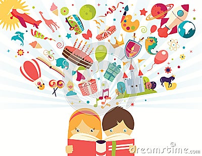 Imagination concept, boy and girl reading a book objects flying Vector Illustration