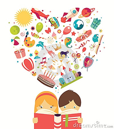 Imagination concept, boy and girl reading a book objects flying out Vector Illustration