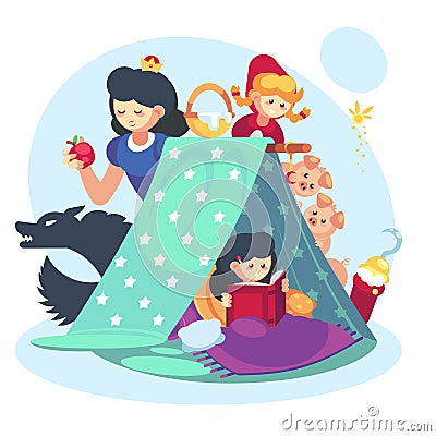 Imagination concept, child little girl with open book. Fairy Tales character Blanket fort happy childhood Vector Illustration