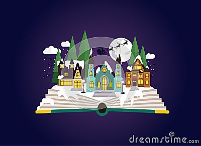 Sleepy, snowy town at christmas night coming out of the book Vector Illustration