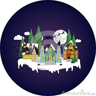 Sleepy, snowy town at christmas night. Vector Illustration