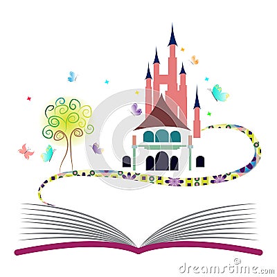 Imagination concept fantasy book castle tree butterflies story myth storybook Vector Illustration