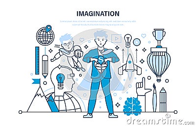 Imagination concept. Innovation technology, brain training, brainstorming, creative thinking. Vector Illustration