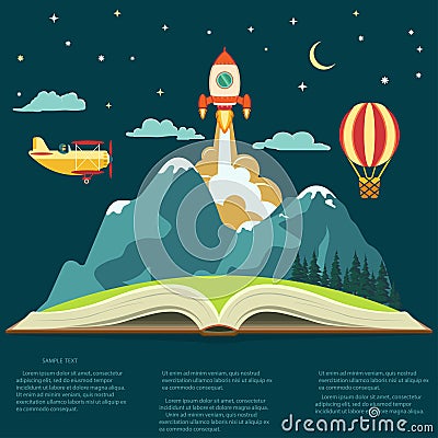 Imagination concept, open book with a mountain, flying rocket, air balloon and airplane Vector Illustration