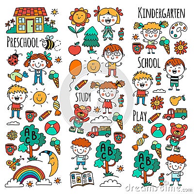 Imagination. Exploration. Study. Play. Learn. Kindergarten. Children. Kids drawing. Doodle icon. Illustration. Moon Vector Illustration