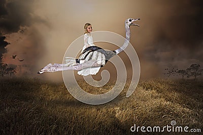 Imagination, Girl Flying Ostrich, Nature, Surreal Stock Photo