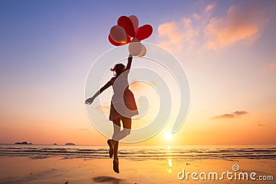 Imagination, happy girl jumping with multicolored balloons Stock Photo