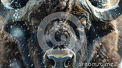Imagination, nature, wildlife, closeup, giant buffalo standing in front of a frozen snow field Stock Photo