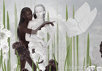 Imagination. Two Women Colored Black and White Stock Photo