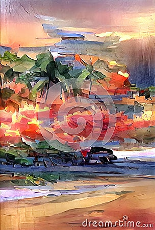 The Sunset on the beach colorful painting Stock Photo