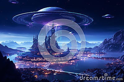 Imaginative depiction of an advanced alien civilization on a distant planet with floating structures and neon pathways Stock Photo