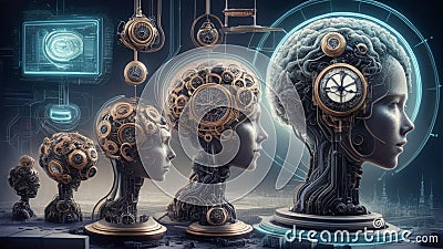 An imaginative depiction featuring an array of intricate clockwork mechanisms evolving Stock Photo