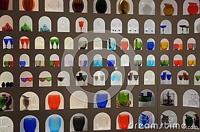 Imaginative display of bright colourful glasswork in a craft and design shop in Florence Stock Photo