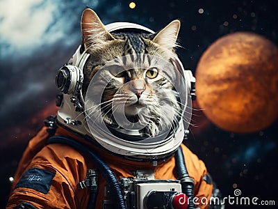 Astronaut cat in spacesuit against the background of the planet. Generative AI Stock Photo