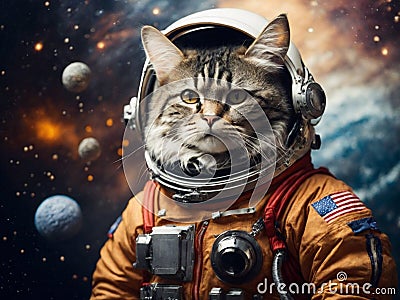 Astronaut cat in spacesuit against the background of the planet. Generative AI Stock Photo