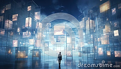 Imaginative scene with floating multimedia screens that project captivating and dreamlike images Stock Photo