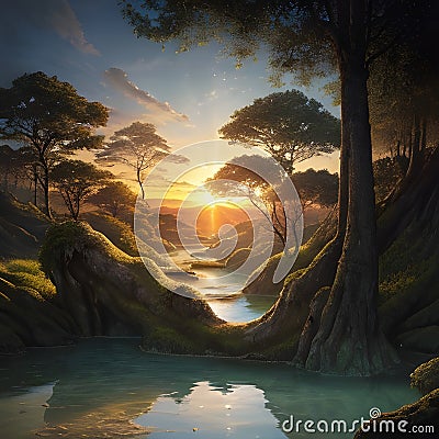 Imaginative sunset and sunrise in a forest Stock Photo