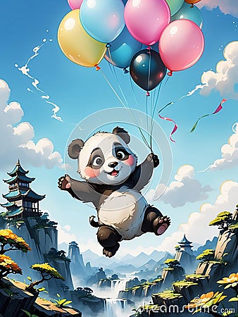 A sky-bound baby panda with a balloon in its paws. Stock Photo