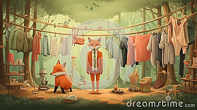 vector illustration of fox arranging its cloths in wardrobe Stock Photo