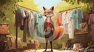 vector illustration of fox arranging its cloths in wardrobe Stock Photo