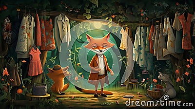 vector illustration of fox arranging its cloths in wardrobe Stock Photo