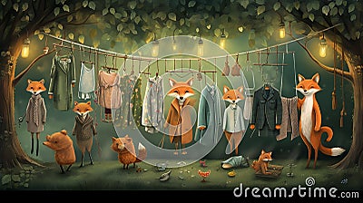 vector illustration of fox arranging its cloths in wardrobe Stock Photo