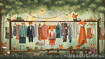 vector illustration of fox arranging its cloths in wardrobe Stock Photo