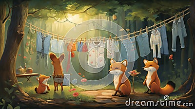 vector illustration of fox arranging its cloths in wardrobe Stock Photo