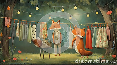 vector illustration of fox arranging its cloths in wardrobe Stock Photo