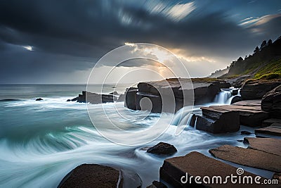 A dramatic, stormy seascape, with waves crashing against a rocky shore Stock Photo