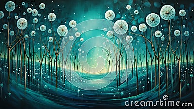 teal dandelions creating a unique and enchanting atmosphere on a grassy canvas Stock Photo