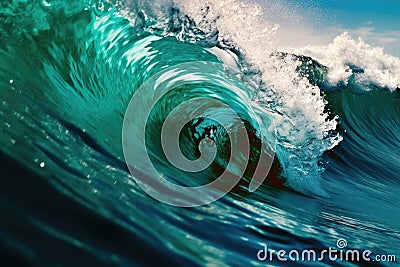 Emerald Ocean Waves under a Teal Sky with Light Maroon Hues AI Generated Stock Photo