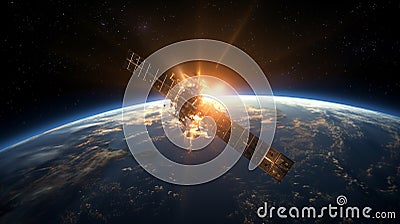 A satellite flying in space over planet Earth. Stock Photo