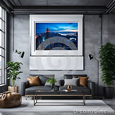 Imagine walking into a beautifully decorated living room with a stunning horizontal frame masterpiece mockup hanging on the wall. Stock Photo