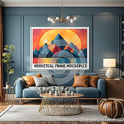 Imagine walking into a cozy, eclectic living room with a stunning horizontal frame masterpiece mockup adorning the walls. Stock Photo