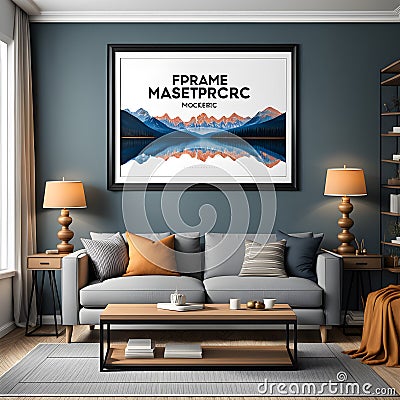 A stunning horizontal frame masterpiece mockup adorning the walls. Stock Photo