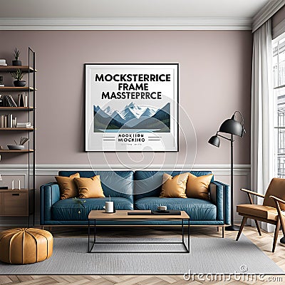 A stunning horizontal frame masterpiece mockup is prominently displayed on the wall. Stock Photo